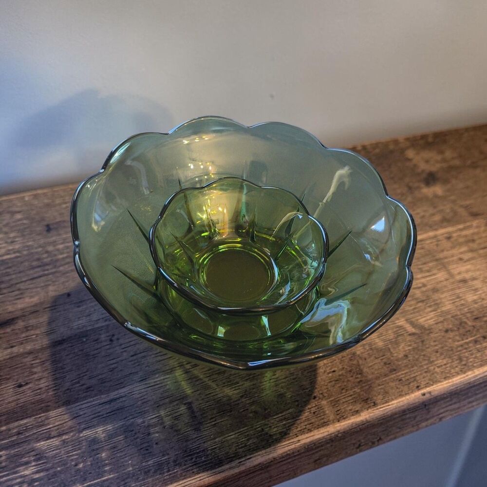 Anchor Hocking Vintage 2 Pc Avocado Green Glass Chip and Dip Set Swedish Modern